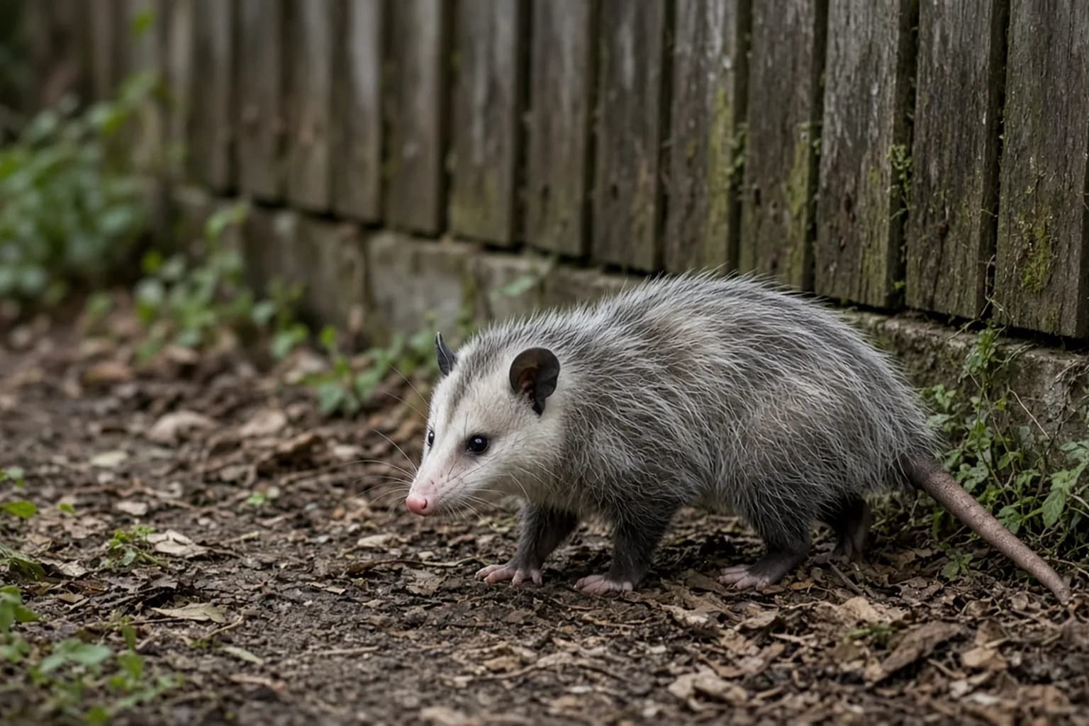 Opossum beside a residential fence line