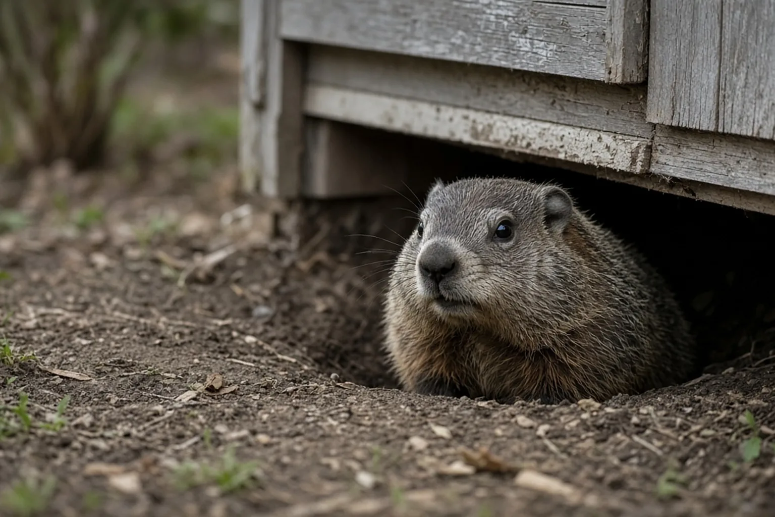 Groundhog at a burrow under a shed