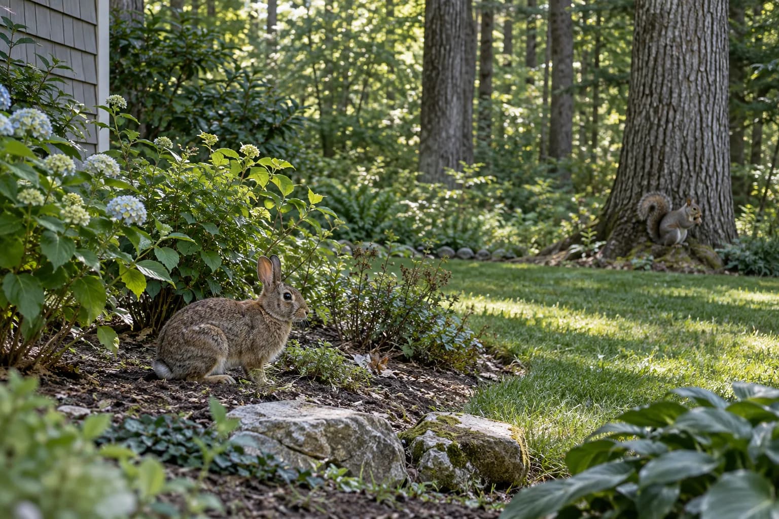 Rabbit and squirrel in a garden bordering woodland